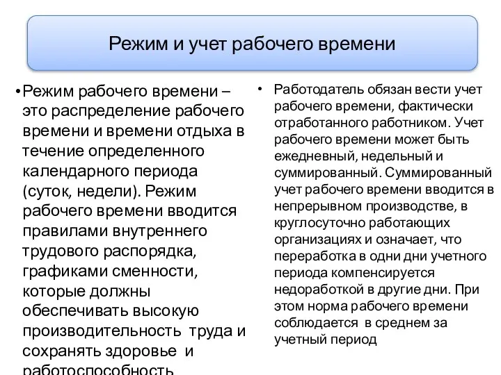 Режим рабочего времени – это распределение рабочего времени и времени отдыха