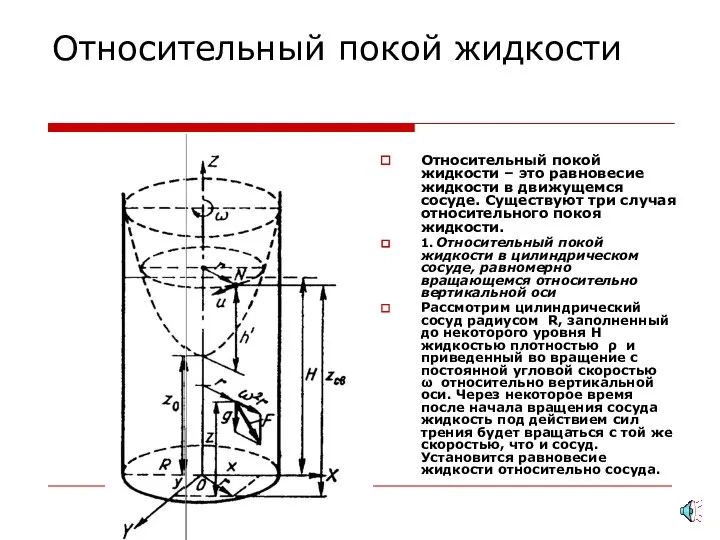 Относительный покой жидкости Относительный покой жидкости – это равновесие жидкости в