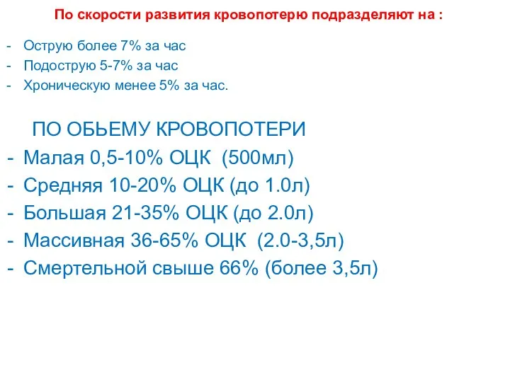 По скорости развития кровопотерю подразделяют на : Острую более 7% за