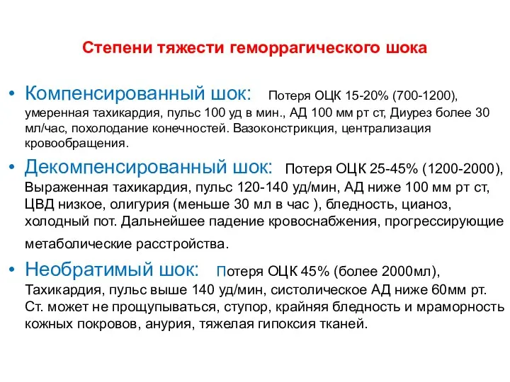 Степени тяжести геморрагического шока Компенсированный шок: Потеря ОЦК 15-20% (700-1200), умеренная