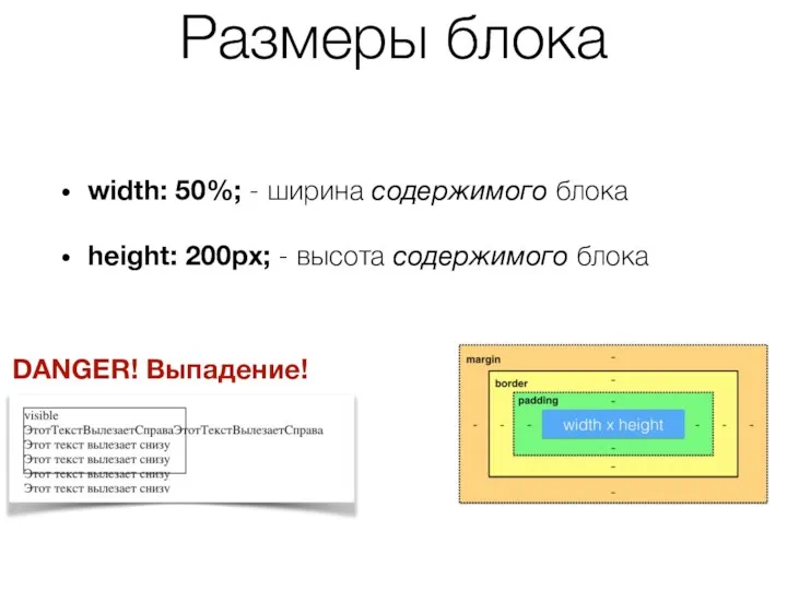 Размеры блока width: 50%; - ширина содержимого блока height: 200px; - высота содержимого блока DANGER! Выпадение!