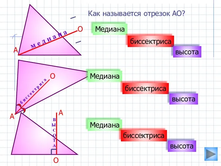 Как называется отрезок АО? Медиана биссектриса высота м е д и