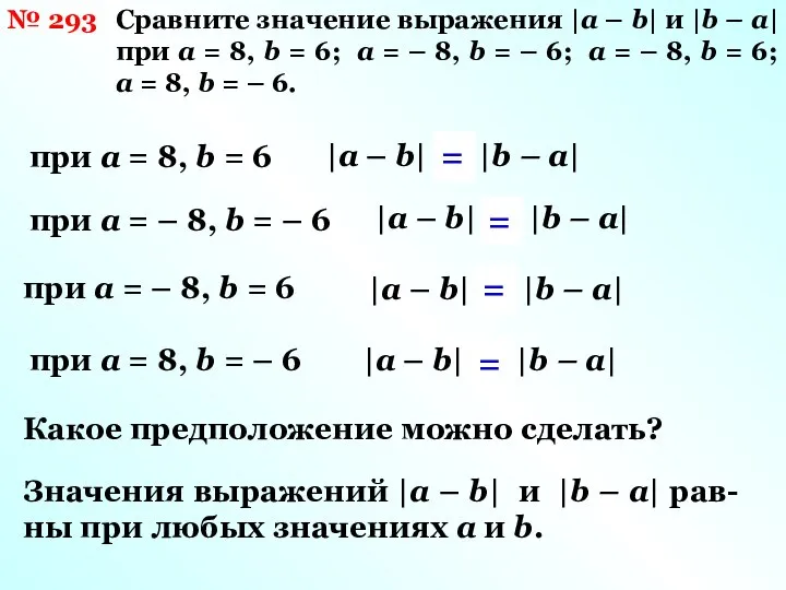 № 293 Сравните значение выражения |a – b| и |b –