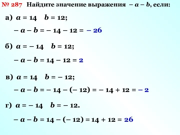 № 287 Найдите значение выражения – а – b, если: а)