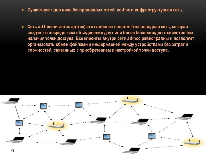 Существуют два вида беспроводных сетей: ad-hoc и инфраструктурная сеть. Сеть ad-hoc(читается