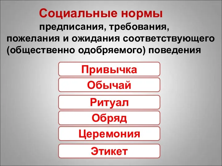 Социальные нормы предписания, требования, пожелания и ожидания соответствующего (общественно одобряемого) поведения