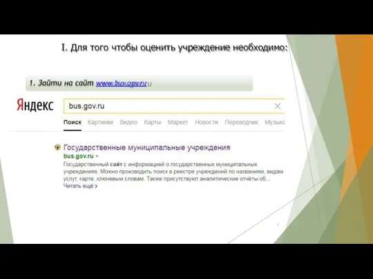 I. Для того чтобы оценить учреждение необходимо: 1. Зайти на сайт www.bus.gov.ru