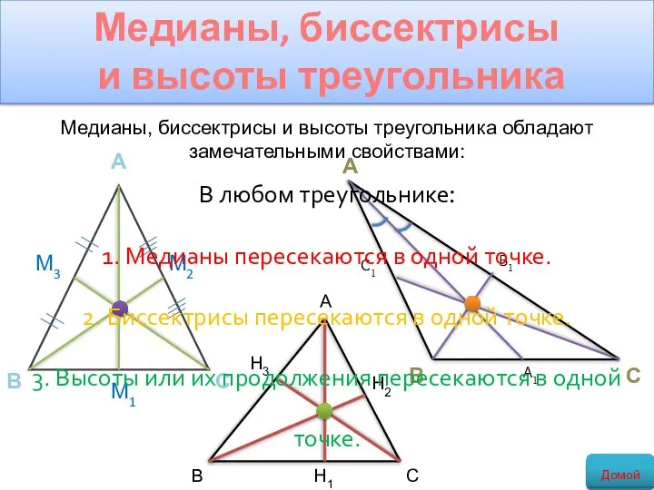 Медианы, биссектрисы и высоты треугольника В любом треугольнике: 1. Медианы пересекаются