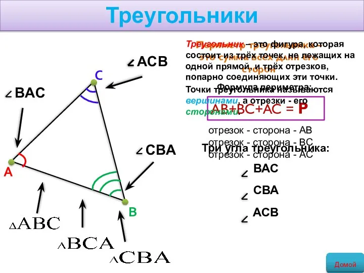 Периметр треугольника – это сумма всех длин его сторон AB+BC+AC =