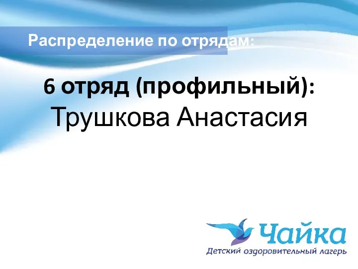 Распределение по отрядам: 6 отряд (профильный): Трушкова Анастасия