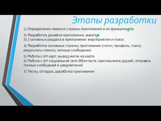 Этапы разработки 1) Определение перечня страниц приложения и их функционала 2)