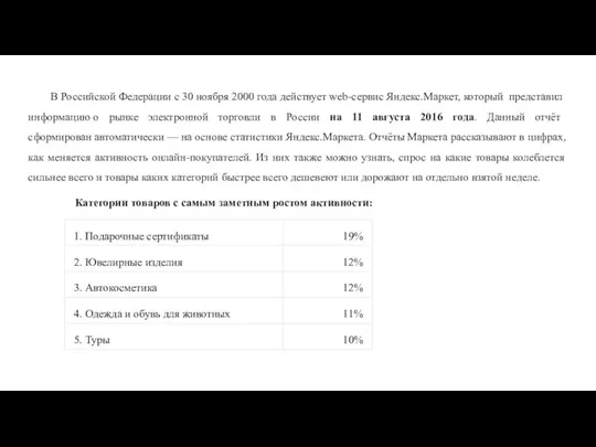 В Российской Федерации с 30 ноября 2000 года действует web-сервис Яндекс.Маркет,