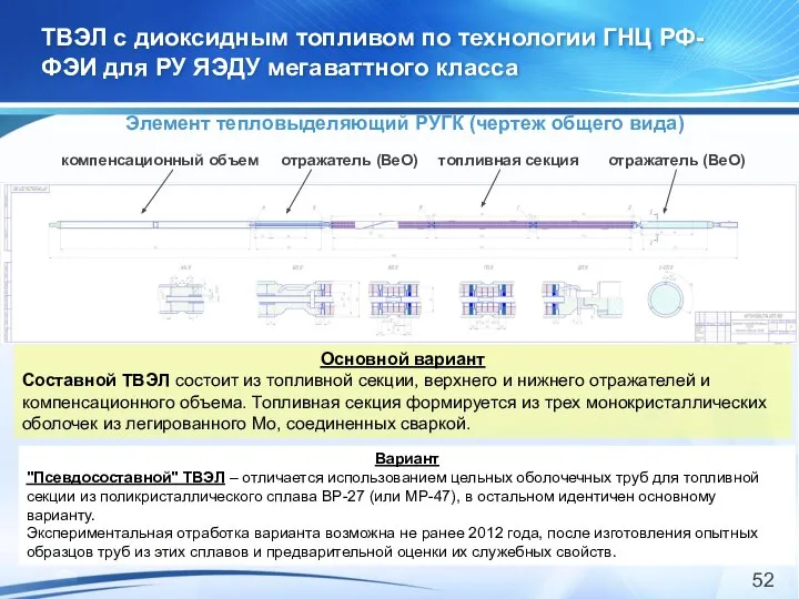 ТВЭЛ с диоксидным топливом по технологии ГНЦ РФ-ФЭИ для РУ ЯЭДУ