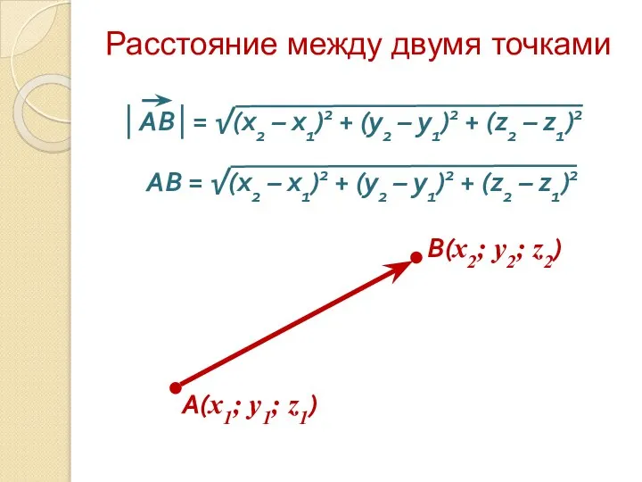 Расстояние между двумя точками A(x1; y1; z1) В(x2; y2; z2)
