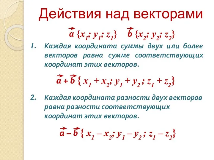 Действия над векторами Каждая координата суммы двух или более векторов равна