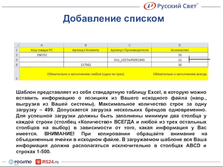 Добавление списком Шаблон представляет из себя стандартную таблицу Excel, в которую