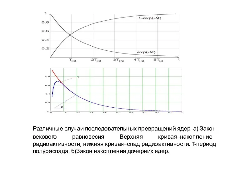 Различные случаи последовательных превращений ядер. а) Закон векового равновесия Верхняя кривая–накопление