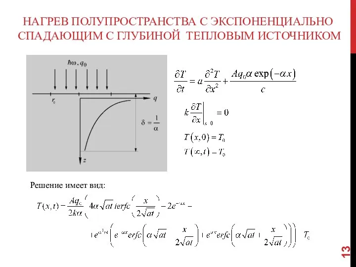 НАГРЕВ ПОЛУПРОСТРАНСТВА С ЭКСПОНЕНЦИАЛЬНО СПАДАЮЩИМ С ГЛУБИНОЙ ТЕПЛОВЫМ ИСТОЧНИКОМ Решение имеет вид: