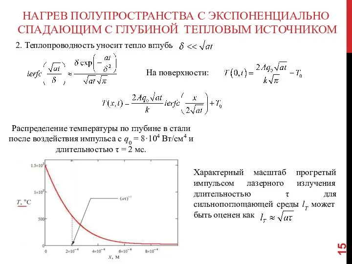 НАГРЕВ ПОЛУПРОСТРАНСТВА С ЭКСПОНЕНЦИАЛЬНО СПАДАЮЩИМ С ГЛУБИНОЙ ТЕПЛОВЫМ ИСТОЧНИКОМ 2. Теплопроводность