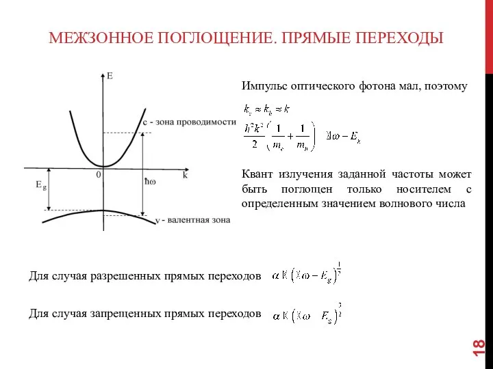 МЕЖЗОННОЕ ПОГЛОЩЕНИЕ. ПРЯМЫЕ ПЕРЕХОДЫ Импульс оптического фотона мал, поэтому Квант излучения