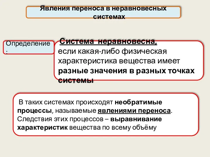 Система неравновесна, если какая-либо физическая характеристика вещества имеет разные значения в