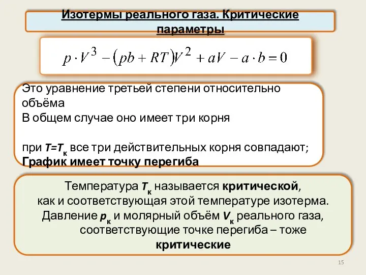 Изотермы реального газа. Критические параметры Это уравнение третьей степени относительно объёма