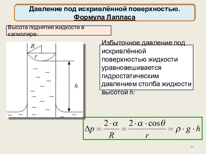 Давление под искривлённой поверхностью. Формула Лапласа Высота поднятия жидкости в капилляре: