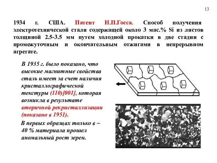 1934 г. США. Патент Н.П.Госса. Способ получения электротехнической стали содержащей около