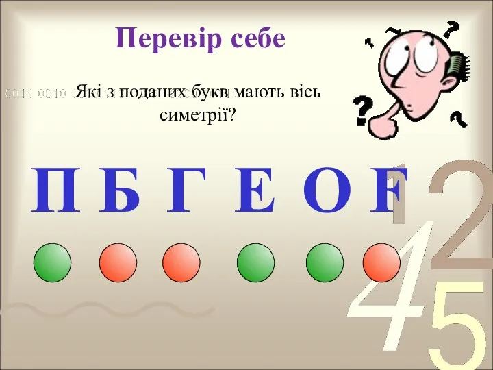 Перевір себе Які з поданих букв мають вісь симетрії?