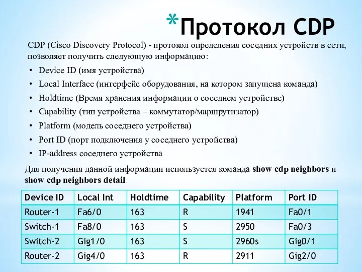 Протокол CDP CDP (Cisco Discovery Protocol) - протокол определения соседних устройств