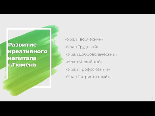 Развитие креативного капитала г.Тюмень «Урал Творческий» «Урал Трудовой» «Урал Добровольческий» «Урал Медийный» «Урал Профсоюзный» «Урал Патриотичный».