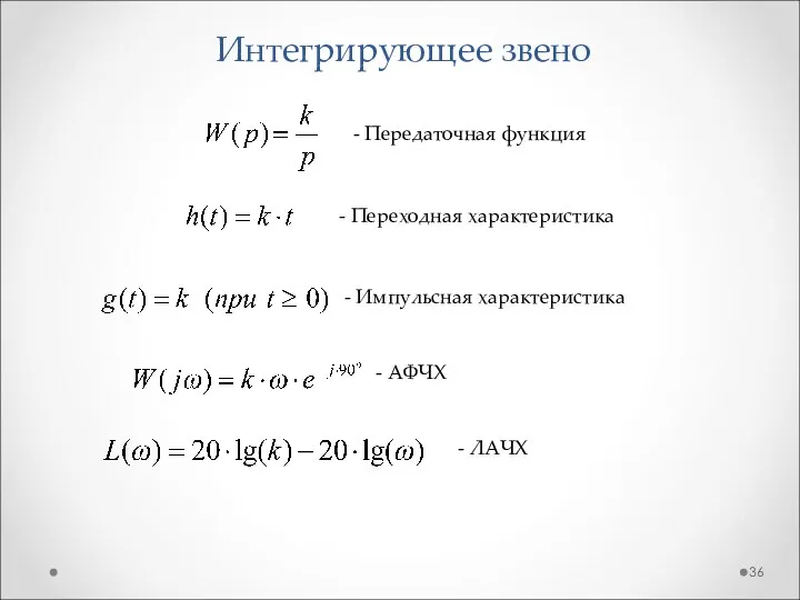 Интегрирующее звено - Передаточная функция - Переходная характеристика - Импульсная характеристика - АФЧХ - ЛАЧХ