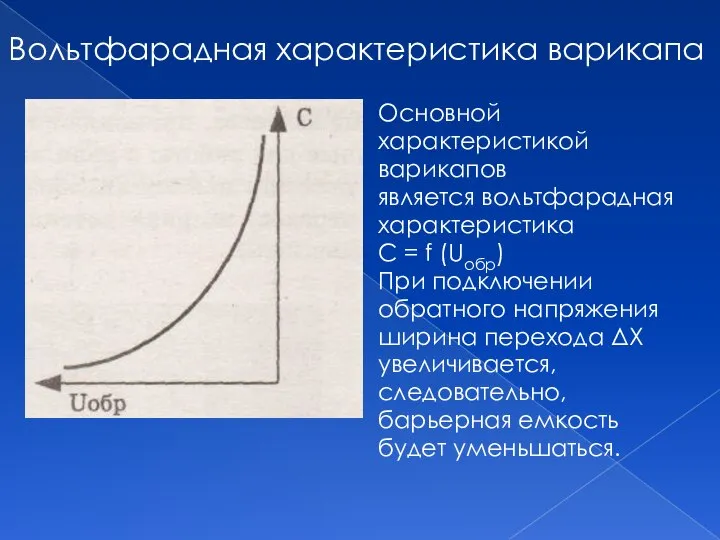 Основной характеристикой варикапов является вольтфарадная характеристика С = f (Uобр) При