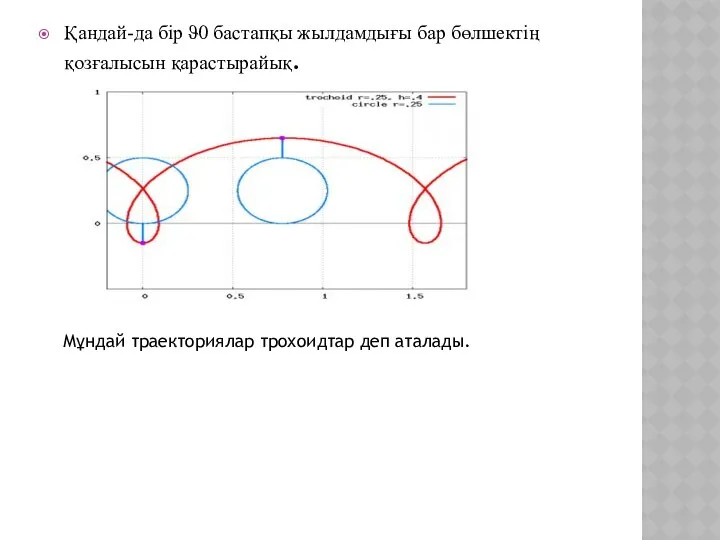 Қандай-да бір ϑ0 бастапқы жылдамдығы бар бөлшектің қозғалысын қарастырайық. Мұндай траекториялар трохоидтар деп аталады.