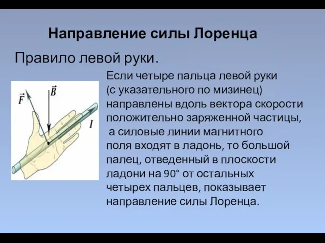 Правило левой руки. Направление силы Лоренца Если четыре пальца левой руки