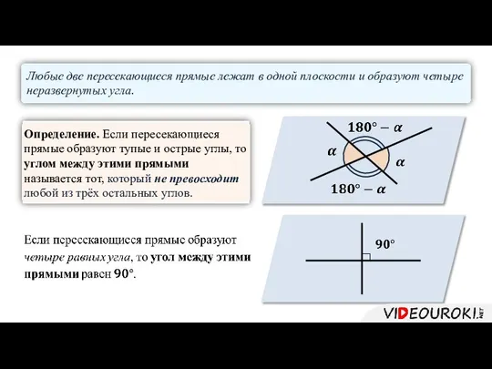 Любые две пересекающиеся прямые лежат в одной плоскости и образуют четыре