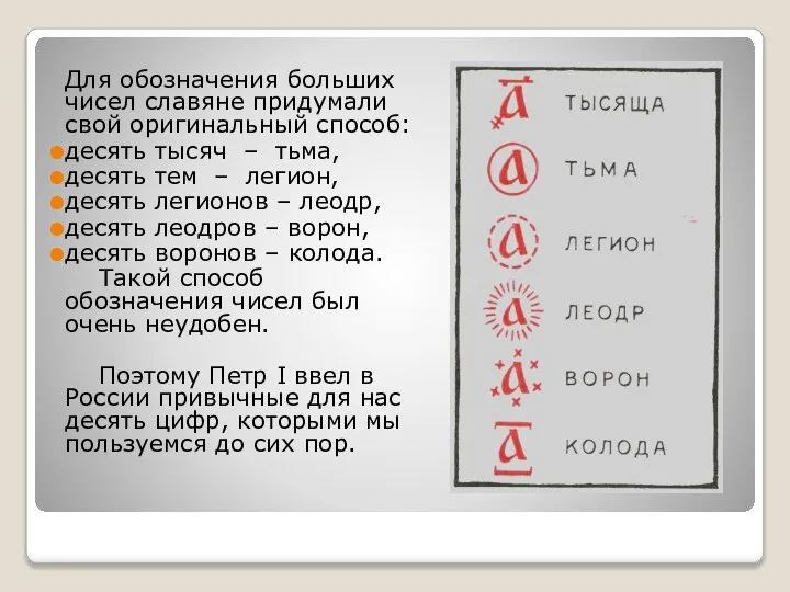 Для обозначения больших чисел славяне придумали свой оригинальный способ: десять тысяч