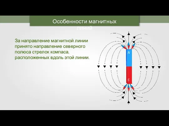 Особенности магнитных линий За направление магнитной линии принято направление северного полюса