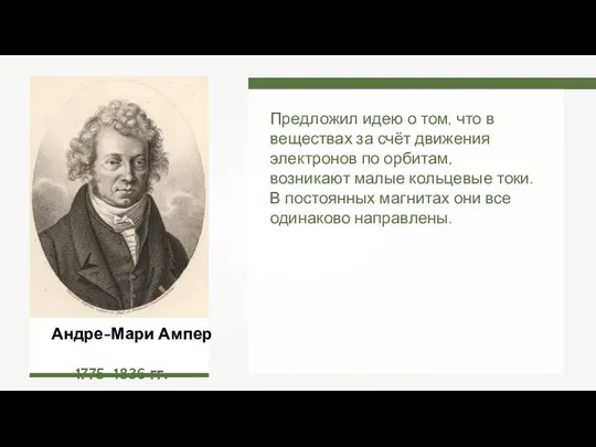 Андре-Мари Ампер 1775–1836 гг. Предложил идею о том, что в веществах