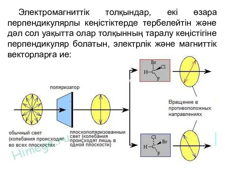 Электромагниттік толқындар, екі өзара перпендикулярлы кеңістіктерде тербелейтін және дәл сол уақытта