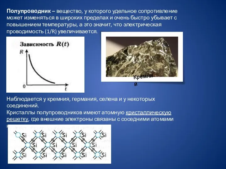 Полупроводник – вещество, у которого удельное сопротивление может изменяться в широких