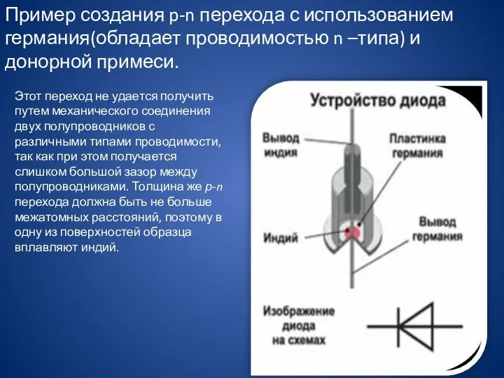 Пример создания p-n перехода с использованием германия(обладает проводимостью n –типа) и