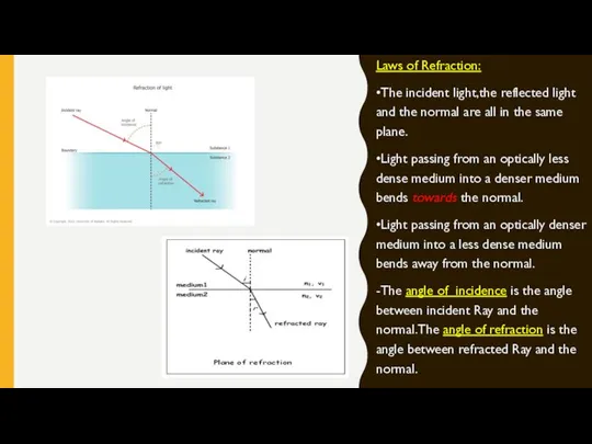 Laws of Refraction: •The incident light,the reflected light and the normal