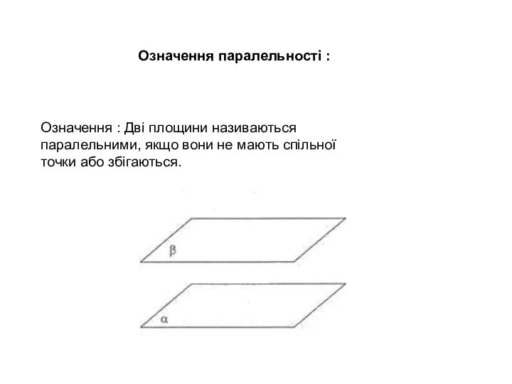 Означення паралельності : Означення : Дві площини називаються паралельними, якщо вони