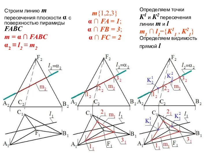 Строим линию m пересечения плоскости α с поверхностью пирамиды FABC m
