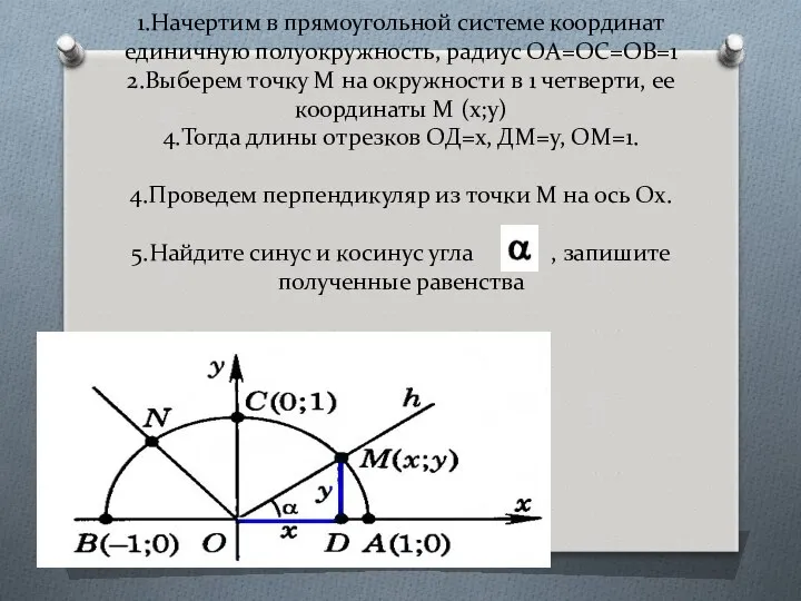 1.Начертим в прямоугольной системе координат единичную полуокружность, радиус ОА=ОС=ОВ=1 2.Выберем точку