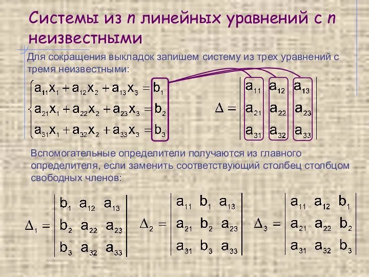 Системы из n линейных уравнений с n неизвестными Для сокращения выкладок