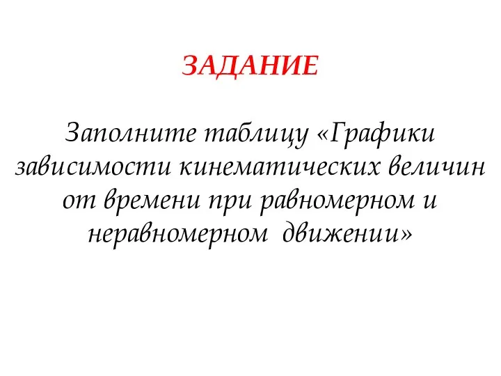 ЗАДАНИЕ Заполните таблицу «Графики зависимости кинематических величин от времени при равномерном и неравномерном движении»