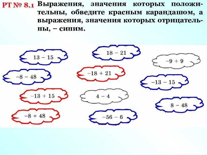 РТ № 8.1 Выражения, значения которых положи-тельны, обведите красным карандашом, а