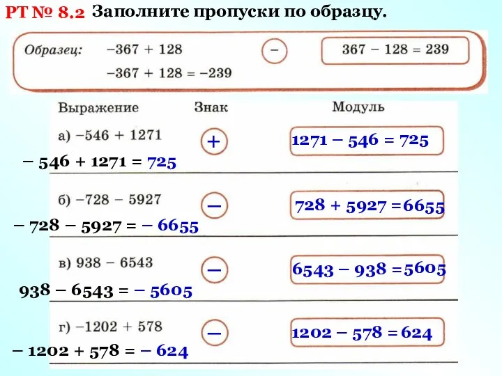 РТ № 8.2 Заполните пропуски по образцу. + 1271 – 546